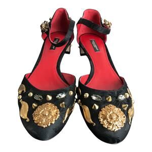 Dolce & Gabbana Ankle Strap Shoe Women US10 EU40 Black Embellished Gold Floral‎